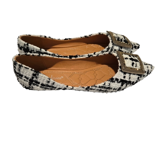 Chic Tweed Black and White Flats with Buckle - Picture 3 of 10